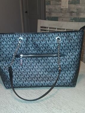 Michael Kors Black MK Logo Chain-Accent Tote 10x14x5 Approx. Measurements